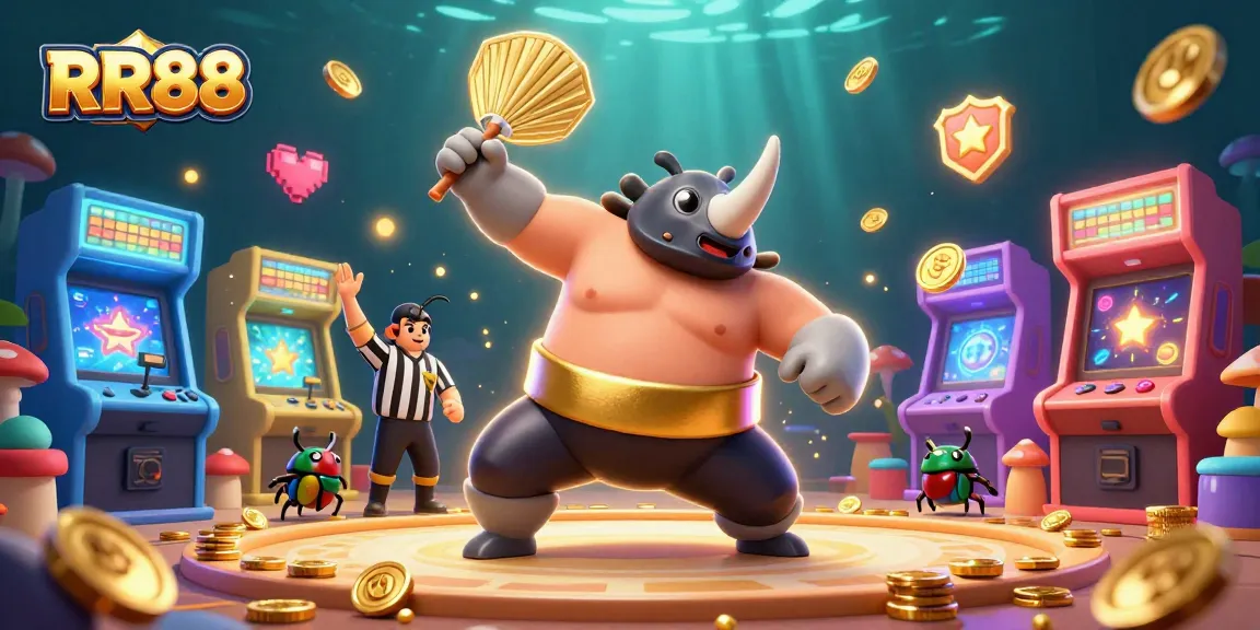 RR88 engages players with a sumo champion beetle and cricket referee in a vibrant casino scene.