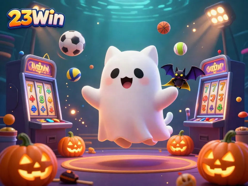 Engage with the thrilling spirit of 23Win in this vibrant 3D casino scene featuring a ghost cat and a bat.