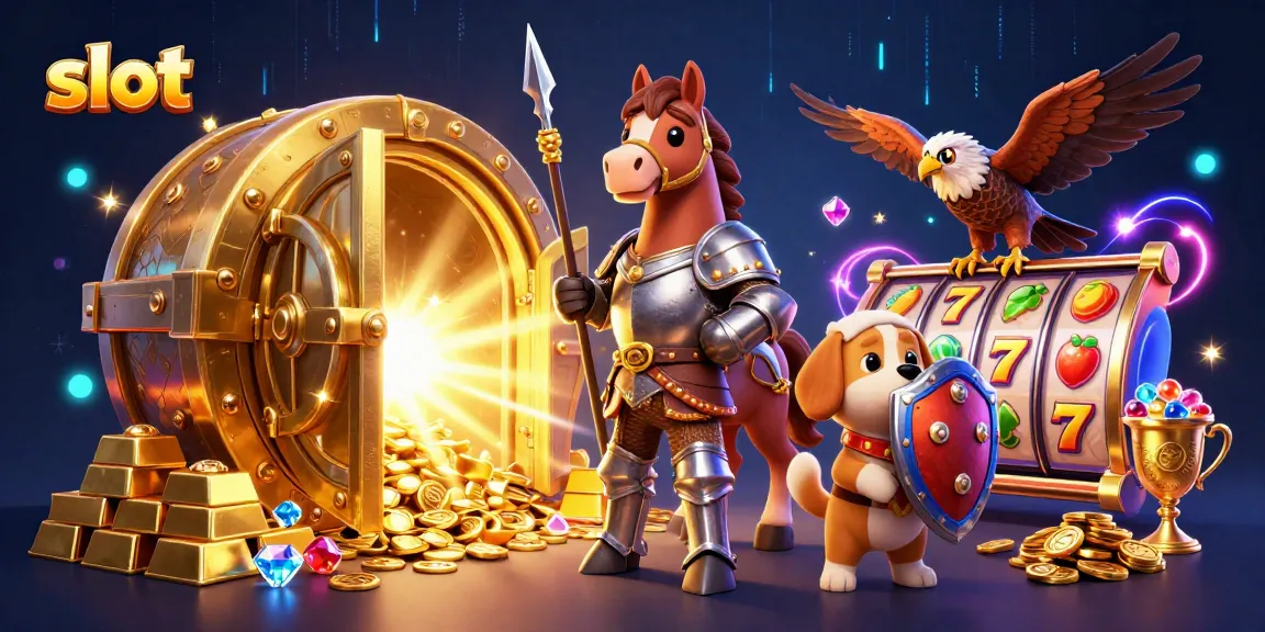 Spin slots to uncover treasure with the knight and puppy in this exciting casino illustration.