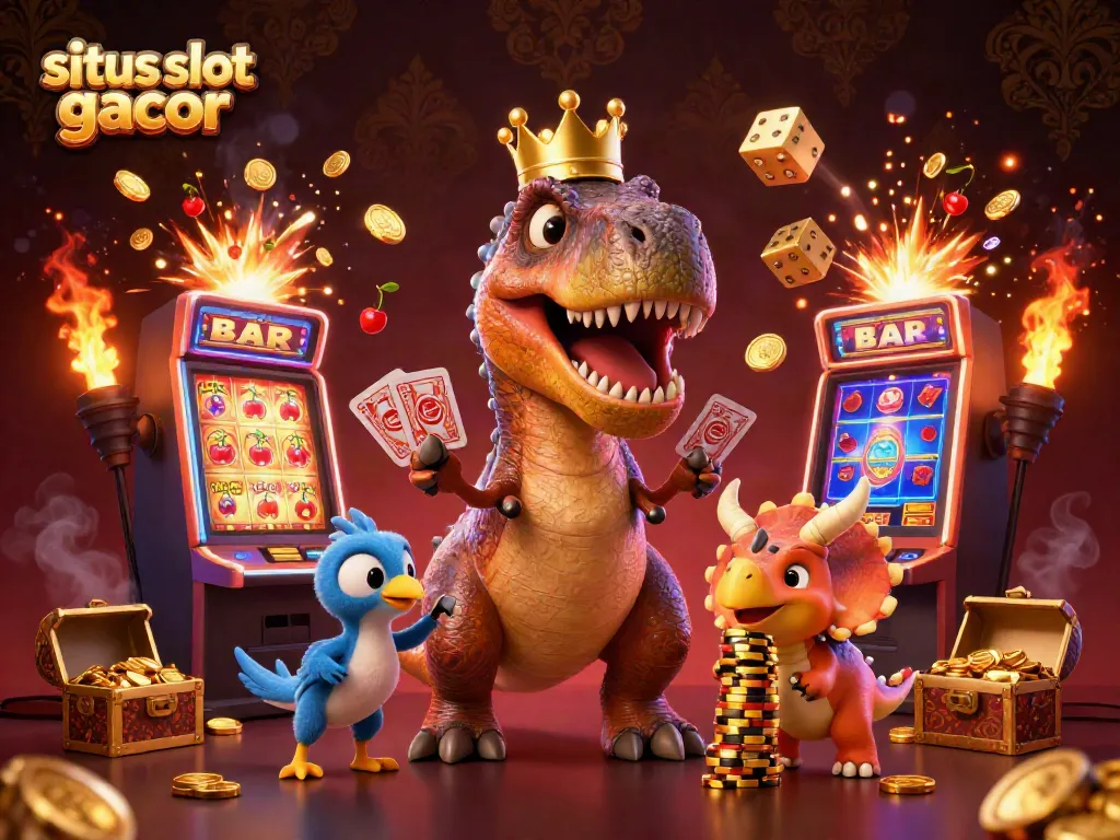 Experience the excitement of situs slot gacor with vibrant illustrations of cartoon dinosaurs enjoying a casino atmosphere.