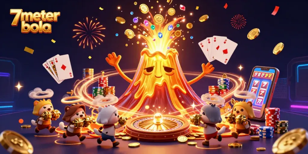 Engage with thrilling action on 7meter bola, featuring a golden volcano erupting coins and treasures in a vibrant casino atmosphere.