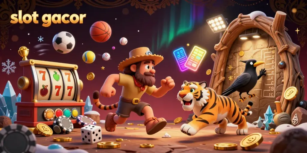 Experience the excitement of slot gacor with this lively casino scene featuring a caveman, sabertooth tiger, and a crow.