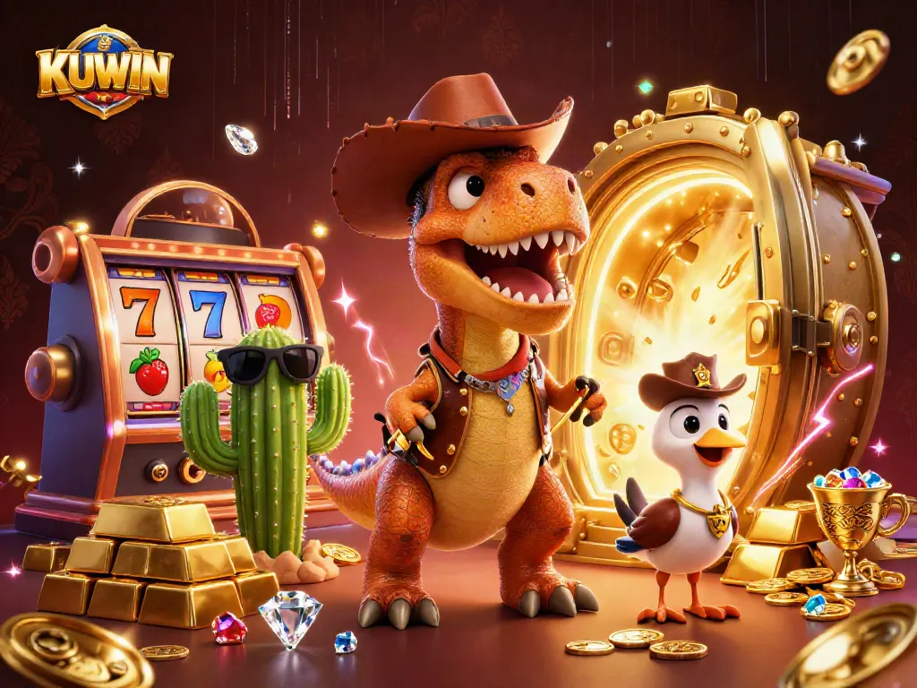 KUWIN casino adventure featuring a cowboy dinosaur and friends winning big at slots.