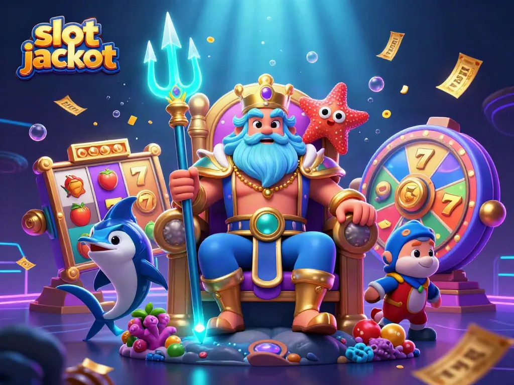 Vibrant scene illustrating the concept of slot jackpot with Neptune, swordfish samurai, and rich casino elements.