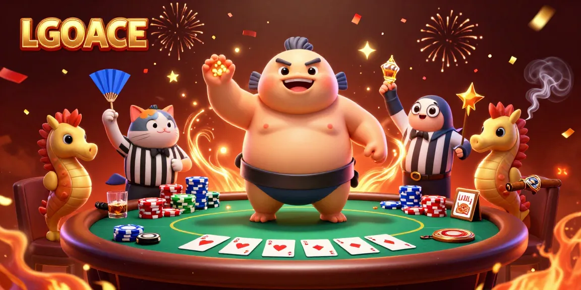 LGOACE showcases a vibrant online casino scene with animated characters and poker elements, engaging players dynamically.