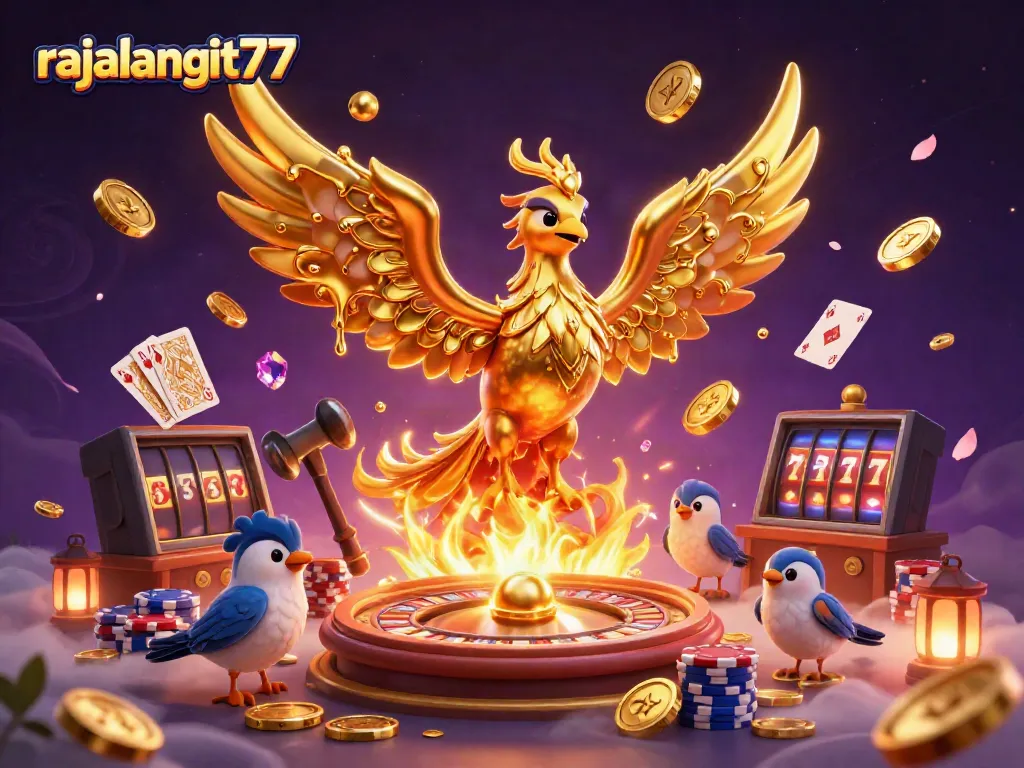 Rasakan keseruan rajalangit77 dengan gambaran kasino yang menampilkan phoenix emas dan chip poker.