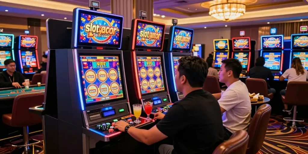 Exciting casino scene with enthusiastic players enjoying a slot gacor machine, vibrant lights, and lively atmosphere.