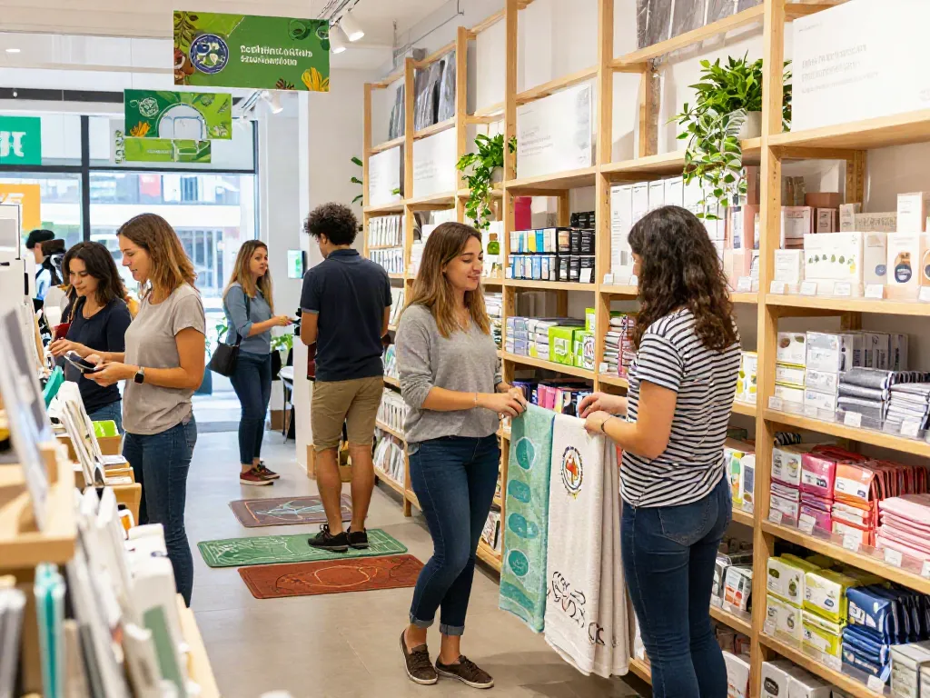 Shopsmart shopping experience with eco-friendly products and diverse customers.