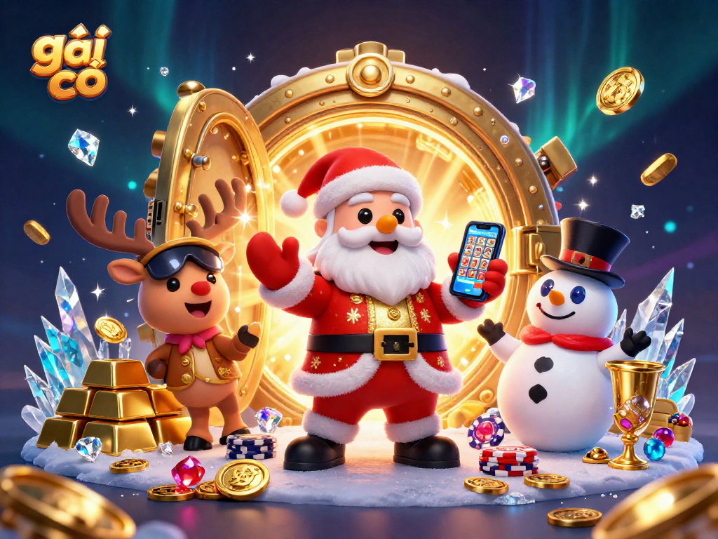 Gái gọi trong sòng bạc, Santa Claus vui vẻ cùng các biểu tượng trò chơi và kho báu vàng.