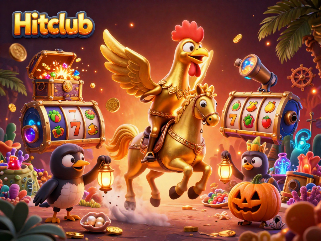 Hitclub offers an immersive casino experience with golden rooster characters riding into a jackpot.