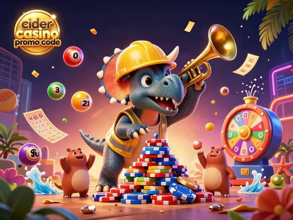 Engage with the cider casino promo code scene filled with vibrant gambling elements and playful dinosaurs.