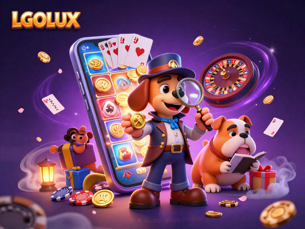 Engage with LGOLUX as a detective explores for winning golden poker chips in a vibrant casino scene.
