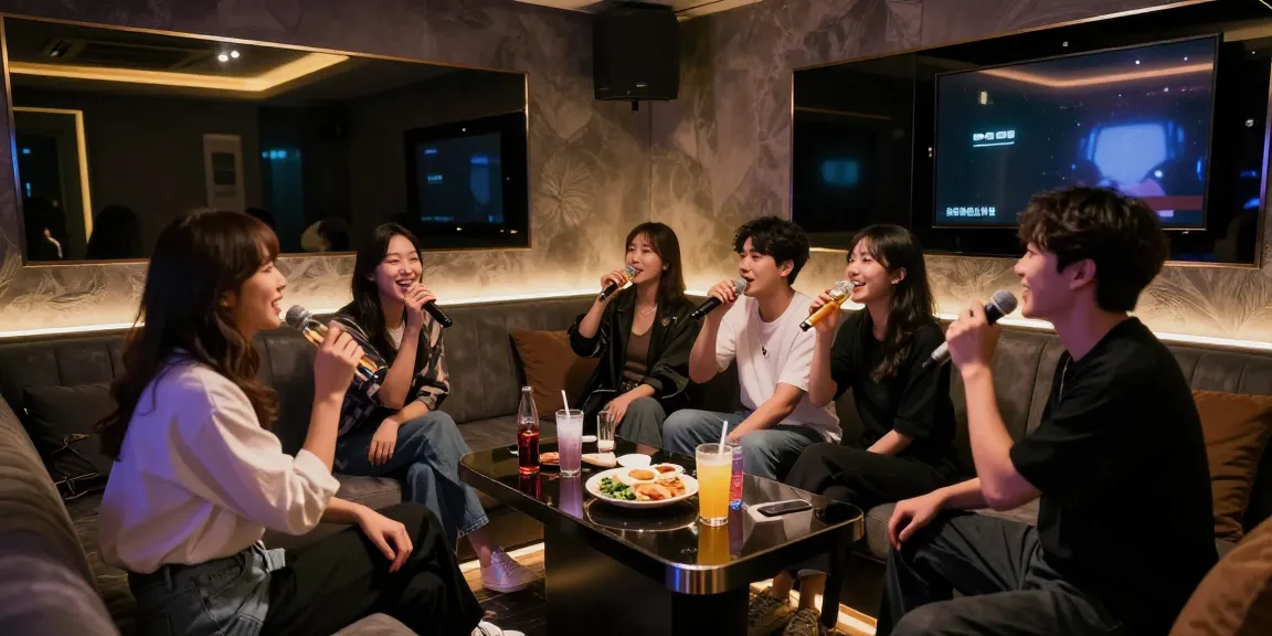 인천쓰리노에서 친구들과 함께 즐거운 시간을 보내는 모습, 세련된 카라오케 공간을 배경으로.