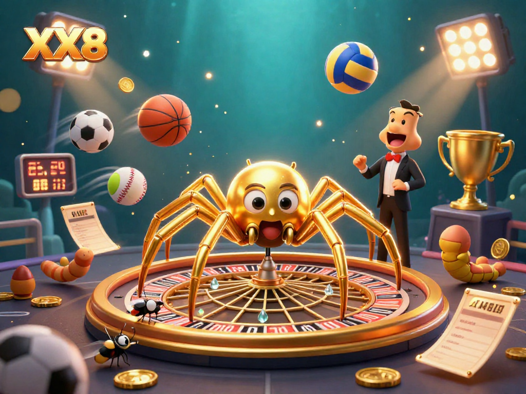 Engage with XX8 as the golden web and sports elements create excitement in this dynamic casino scene.