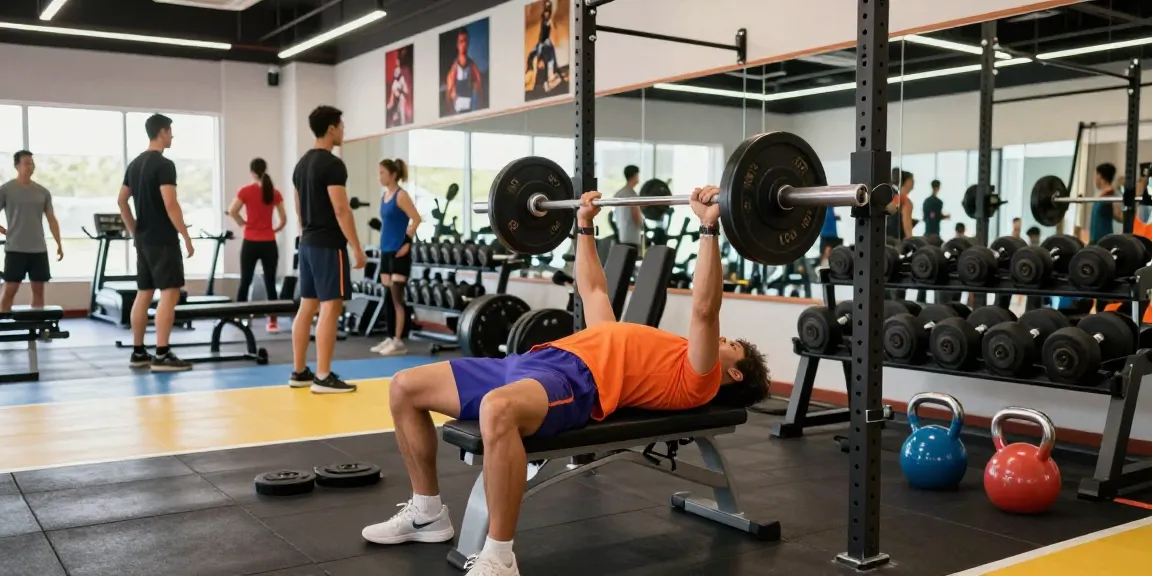 Medi Pharma Steroids training scene with an athletic individual lifting weights in a modern gym.