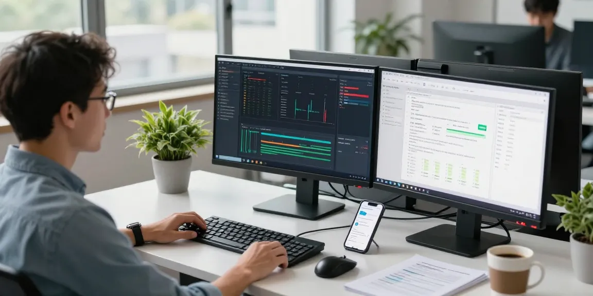 DevOps engineer UK monitoring server performance in a professional office environment.