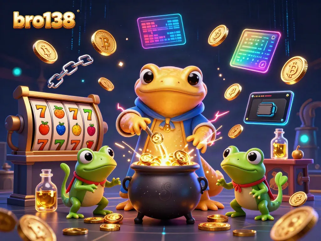 Play slots and win at bro138 with a vibrant fantasy scene of gold and crypto riches.