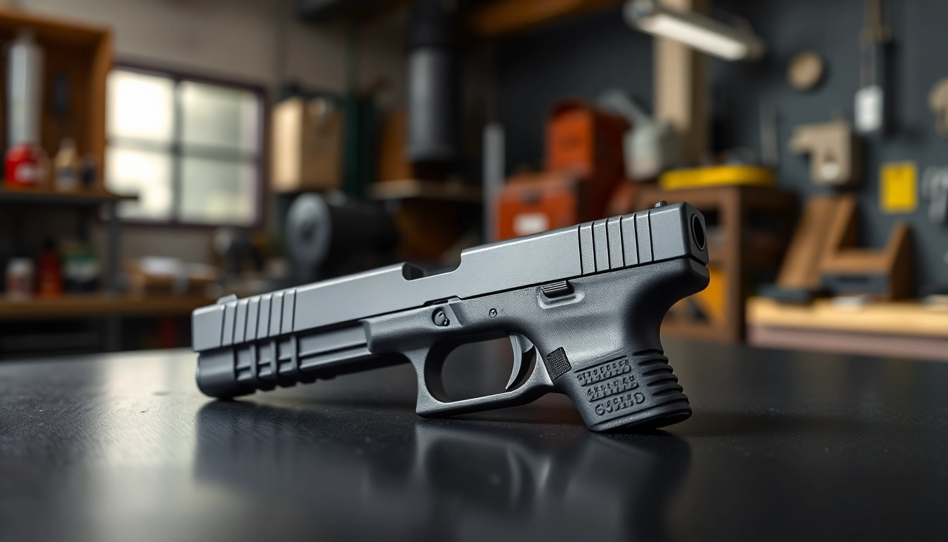 Showcasing a glock 17 slide with intricate details and craftsmanship under bright lighting.