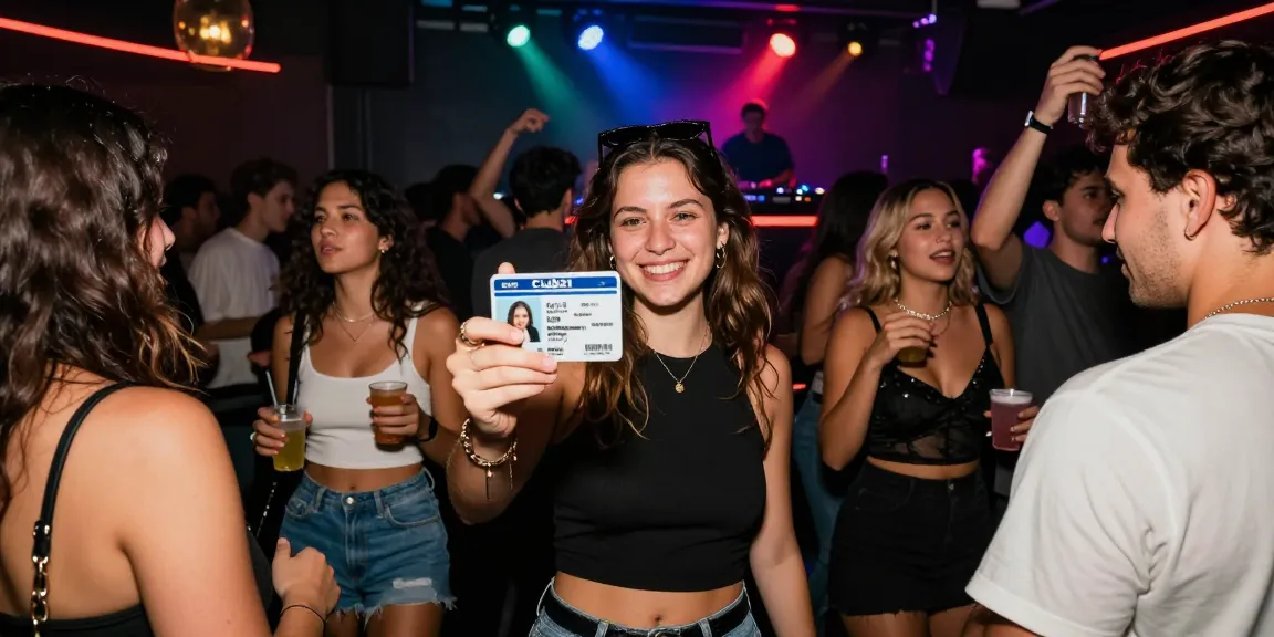 Group of friends celebrating nightlife with Club21ids fake ID in vibrant club atmosphere.