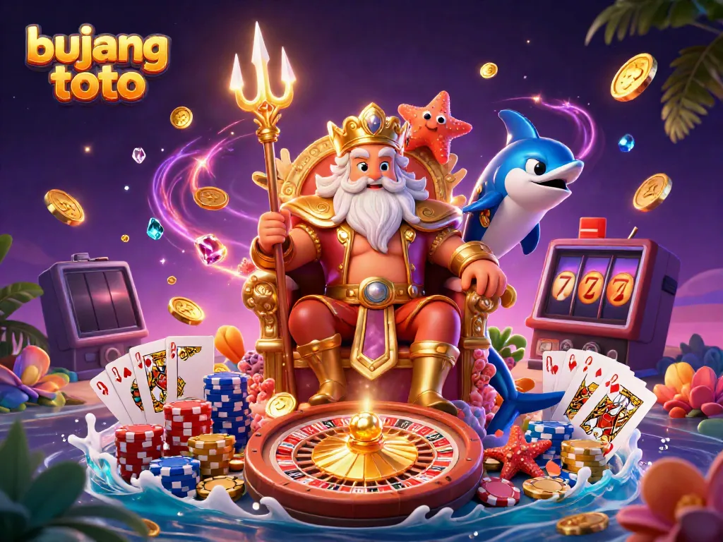Win big with BUJANG TOTO as Neptune rules the casino realm in this vibrant 3D illustration.