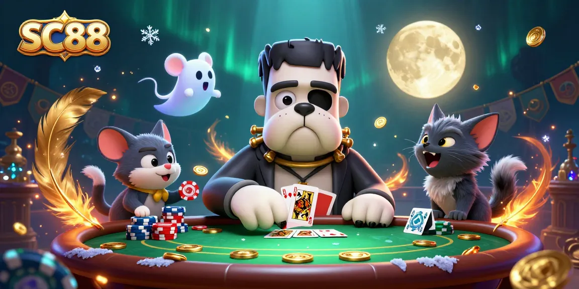 SC88 poker scene featuring a Frankenstein bulldog monster dealing cards with a ghost mouse and a werewolf kitten.