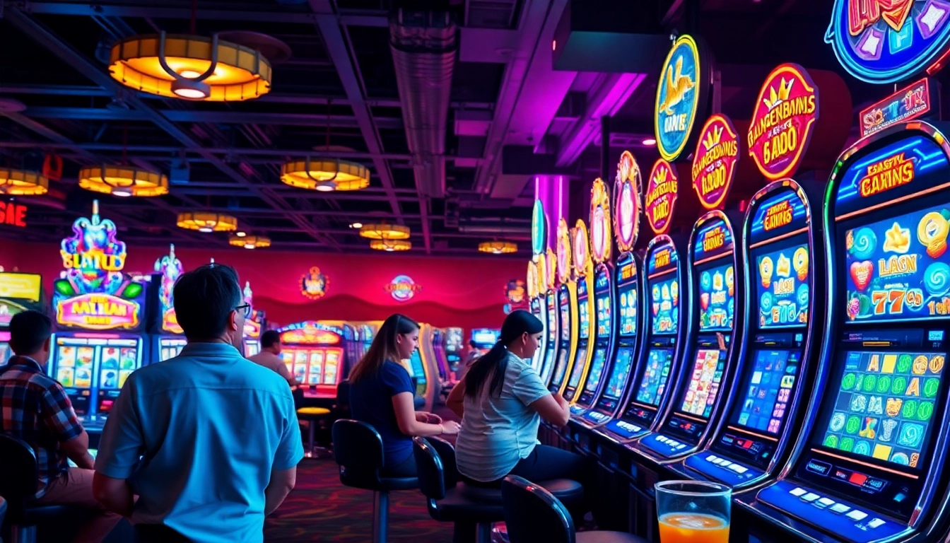 Main attraction Slot Depo 5000 di kasino yang ramai dengan mesin slot berwarna-warni.