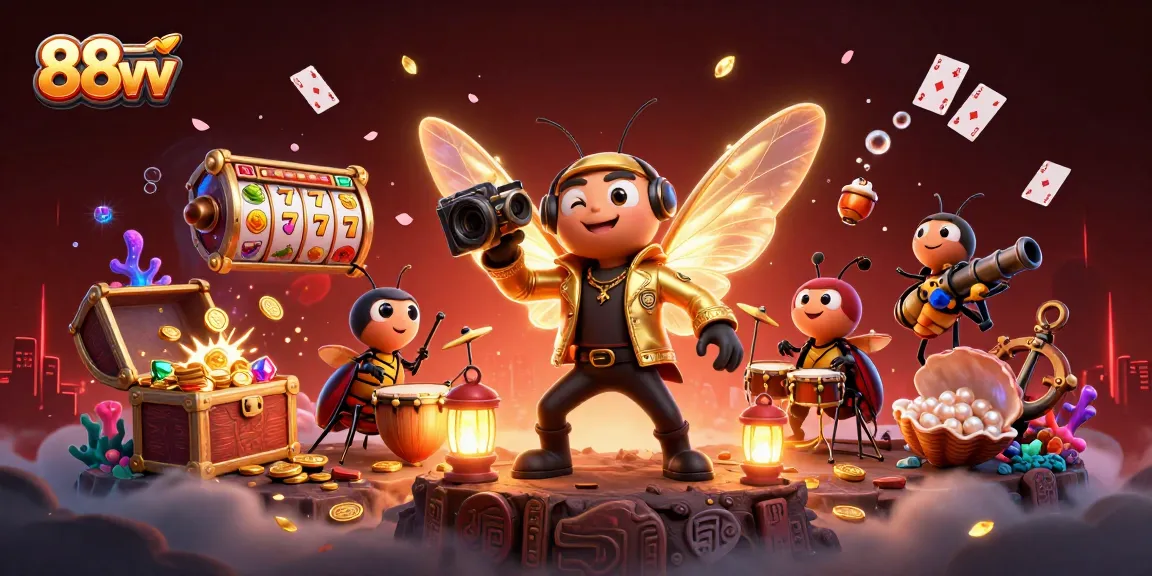 Experience the thrill of 88vv slots with vibrant characters, treasures, and casino elements.