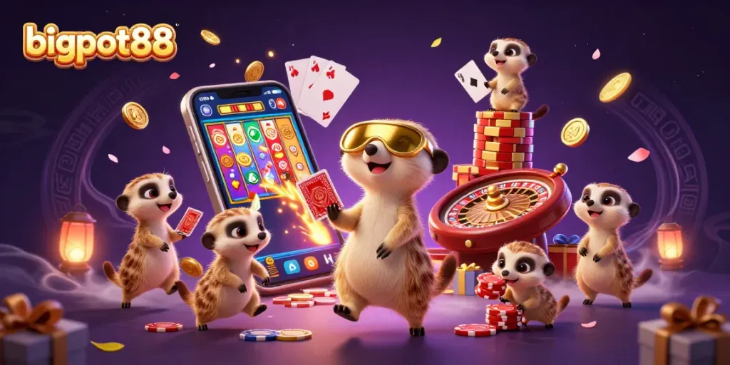 Bigpot88 menghadirkan keseruan permainan kasino dengan karakter meerkat dalam skenario dinamis