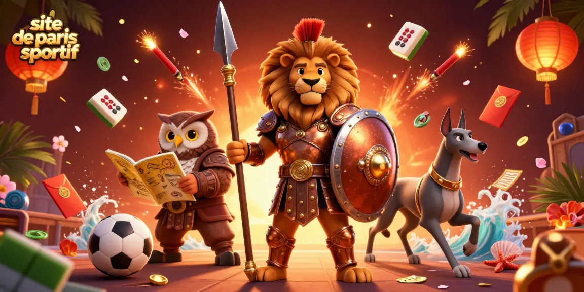Une illustration dynamique représentant un site de paris sportif avec un lion spartiate et des éléments de jeu autour.