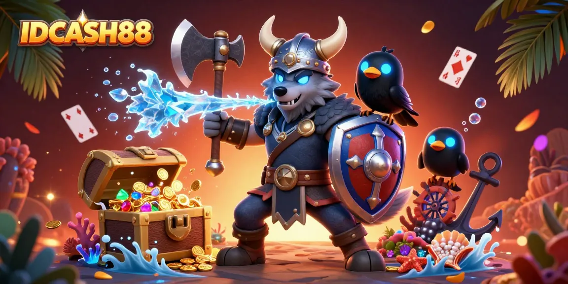Join the adventure at IDCASH88 with a Viking warrior, dragon, and treasure, capturing the excitement of online gaming.