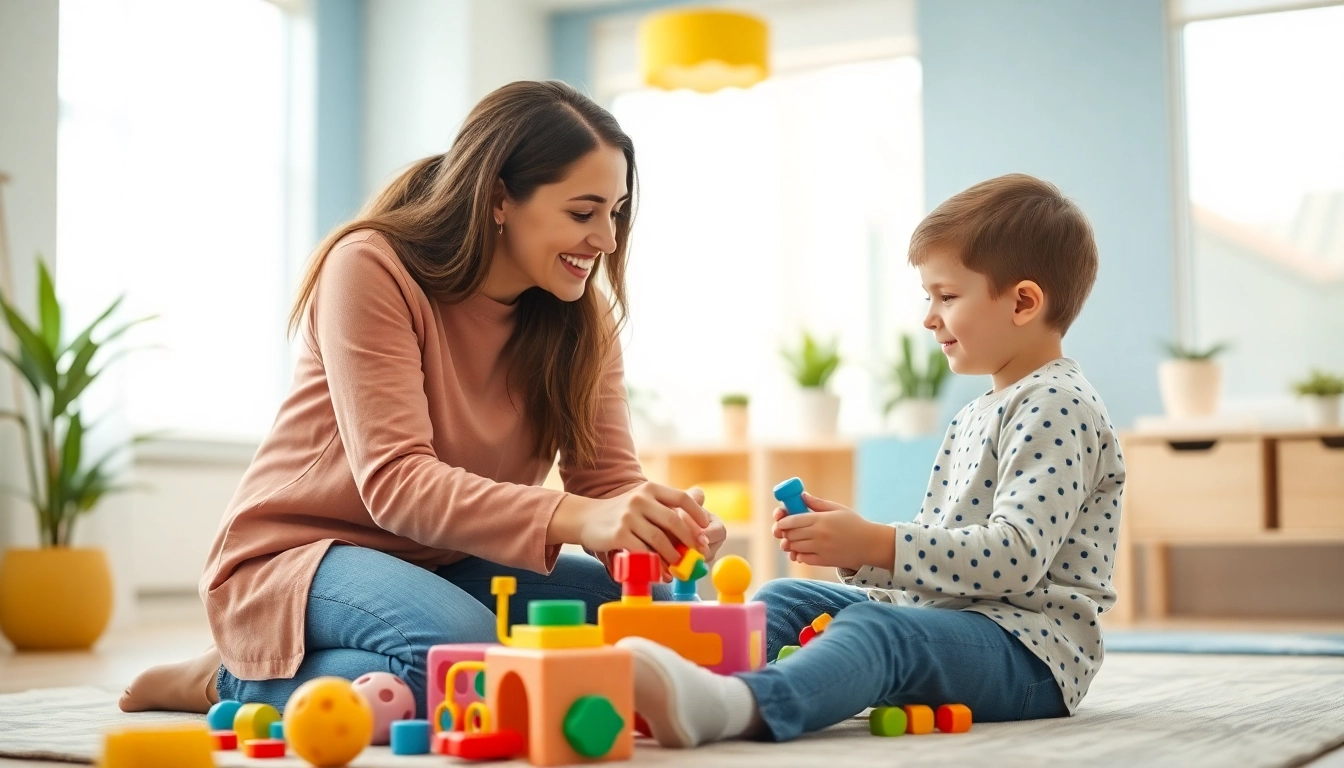 Engaging session of autism therapy between a caring therapist and a child in a supportive environment.