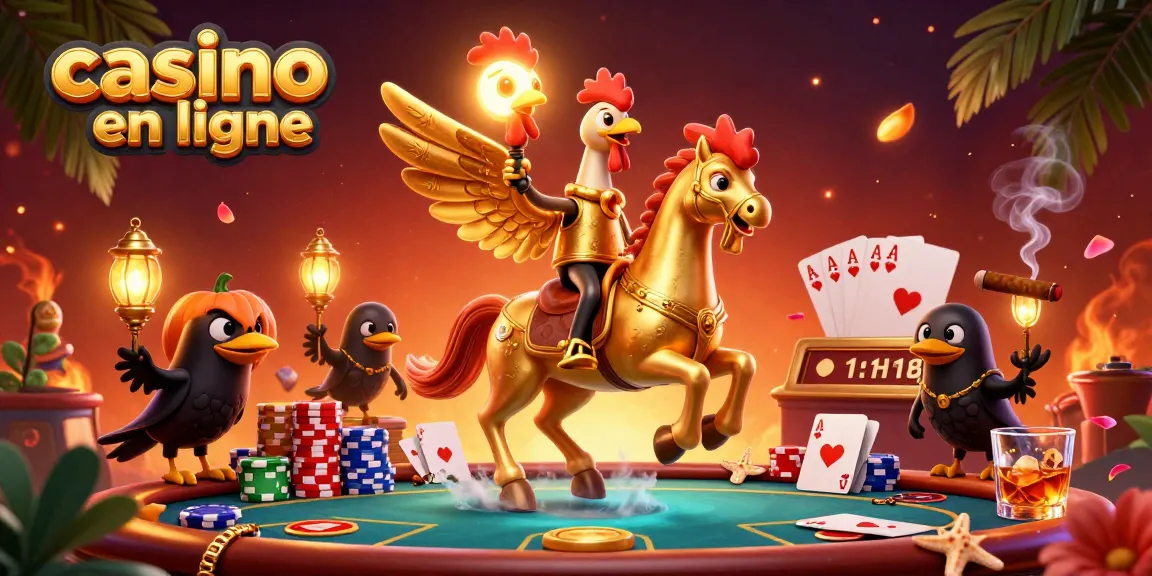 Scène captivante de casino en ligne avec un coq doré et ses compagnons, illuminée par des éléments de jeu.