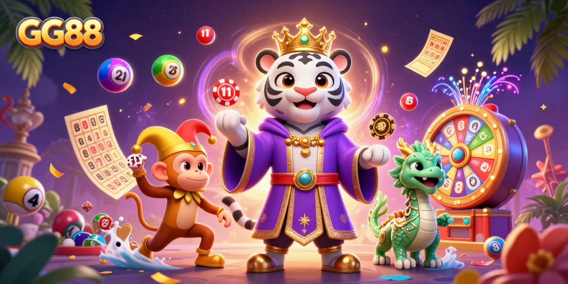 Experience the excitement of GG88 as playful characters interact with vibrant lottery elements.
