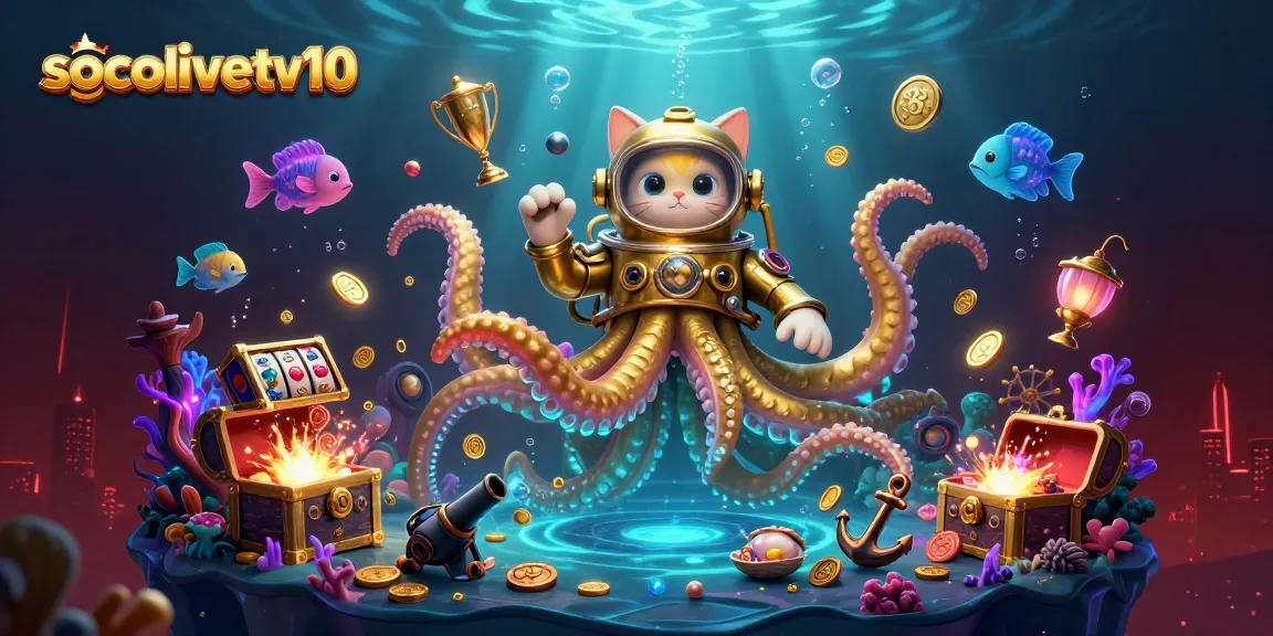 Socolivetv10 promotes thrilling underwater casino adventures featuring a playful diving cat and kraken.