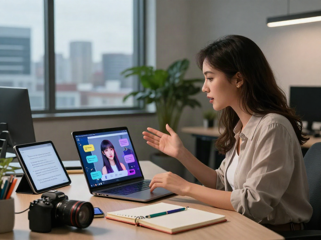 Young woman interacting with a girlfriend AI chatbot in a modern tech workspace, showcasing the future of digital relationships.