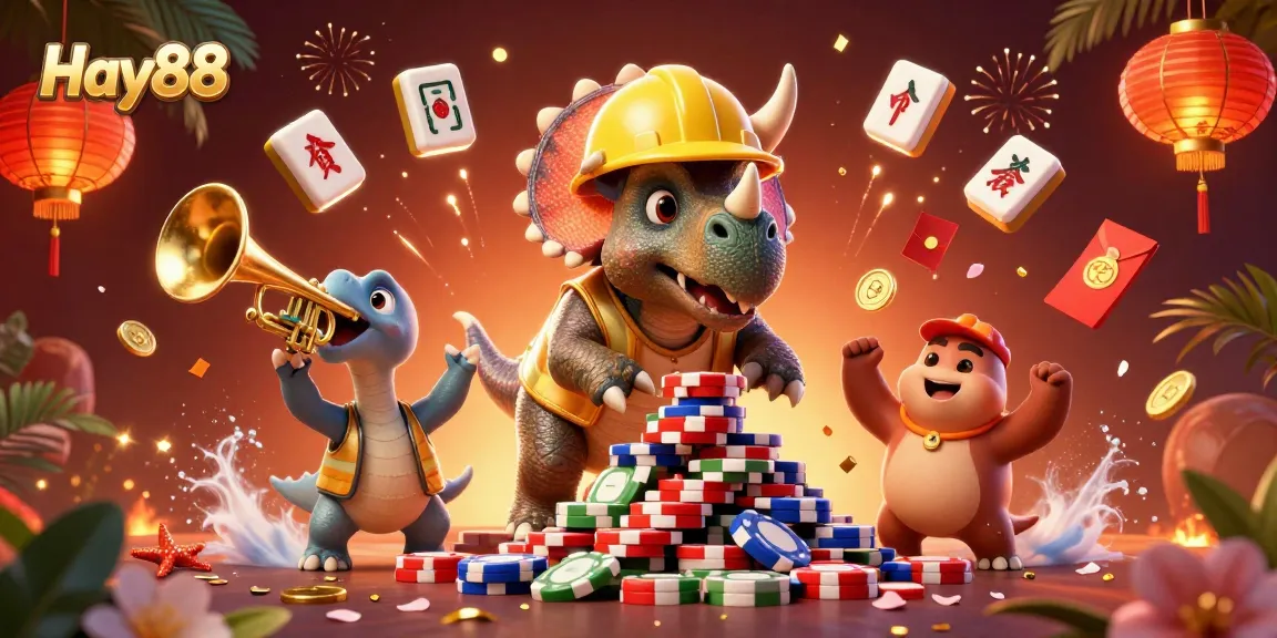 Engage in thrilling game play at Hay88 with a vibrant 3D illustration celebrating poker and casino action.
