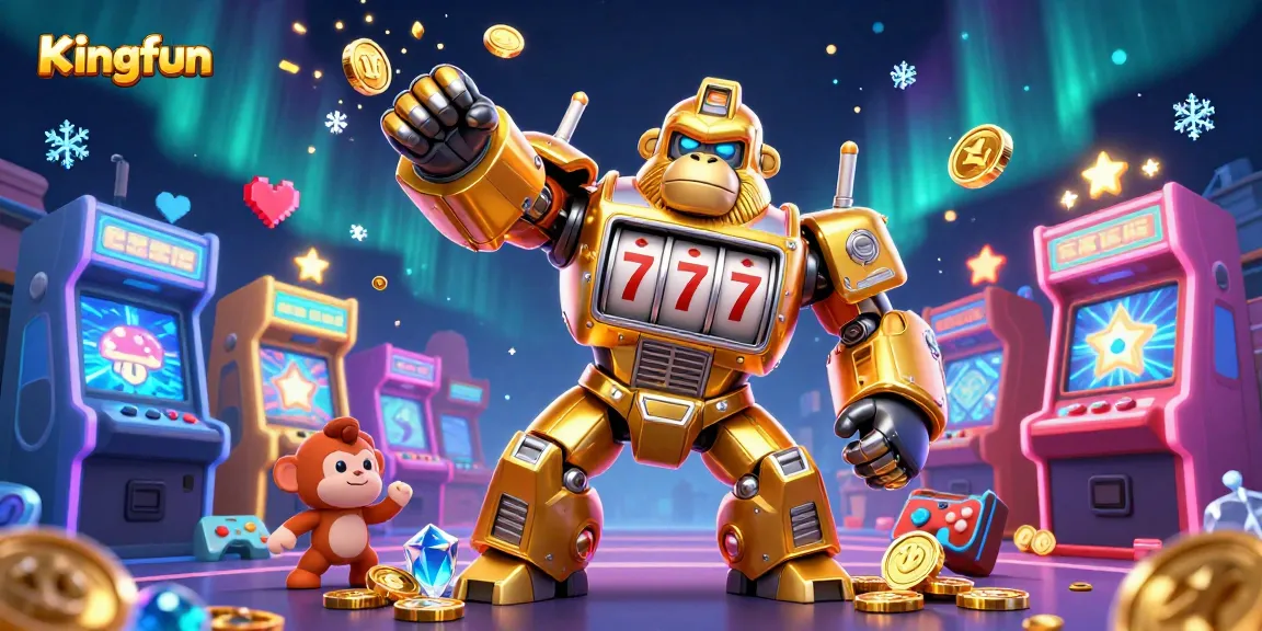Experience thrilling games at Kingfun with a dynamic golden gorilla mech showcasing slots and arcade excitement.