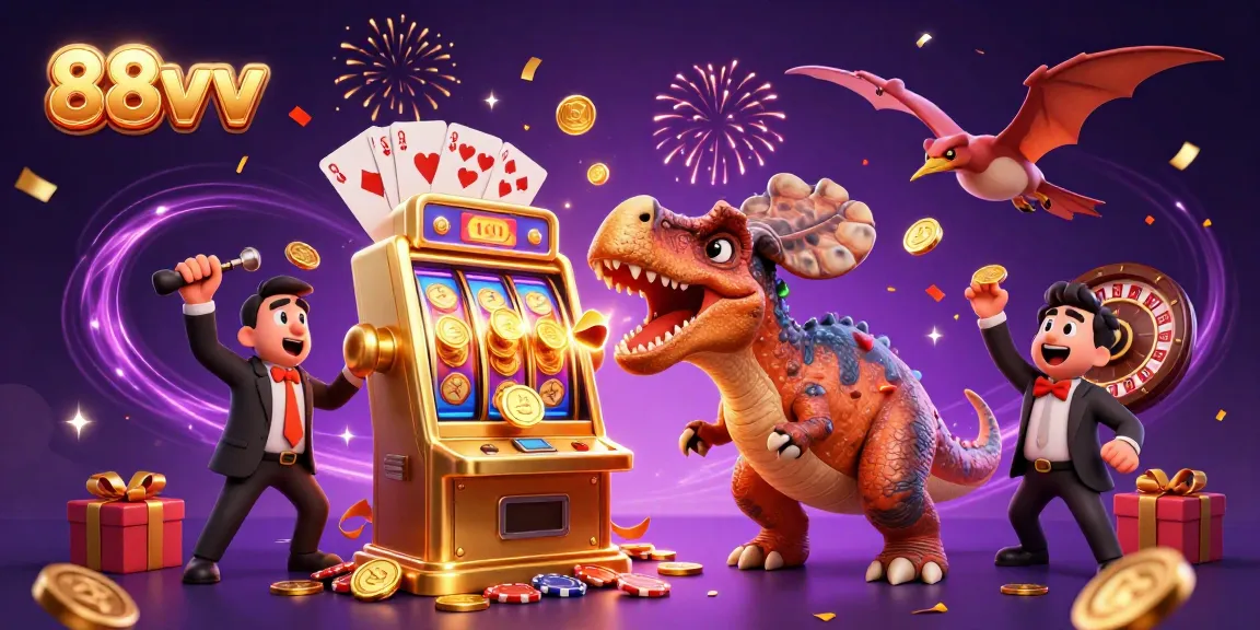 88vv casino adventure with cartoon dinosaur winning jackpot and coins raining down