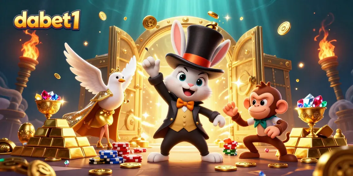 Engaging dabet1 scene with a magician rabbit, dove, and monkey at a vibrant casino.