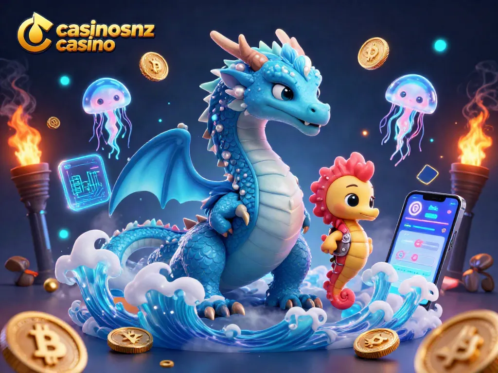 Win big at casinosnz casino with vibrant 3D illustration showcasing a dragon, seahorse knight, and glowing jellyfish.