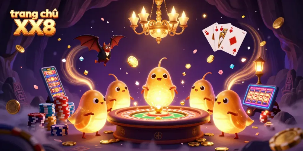 Engage at trang chủ XX8 with a vibrant casino scene featuring glowworms and a bat dealer.