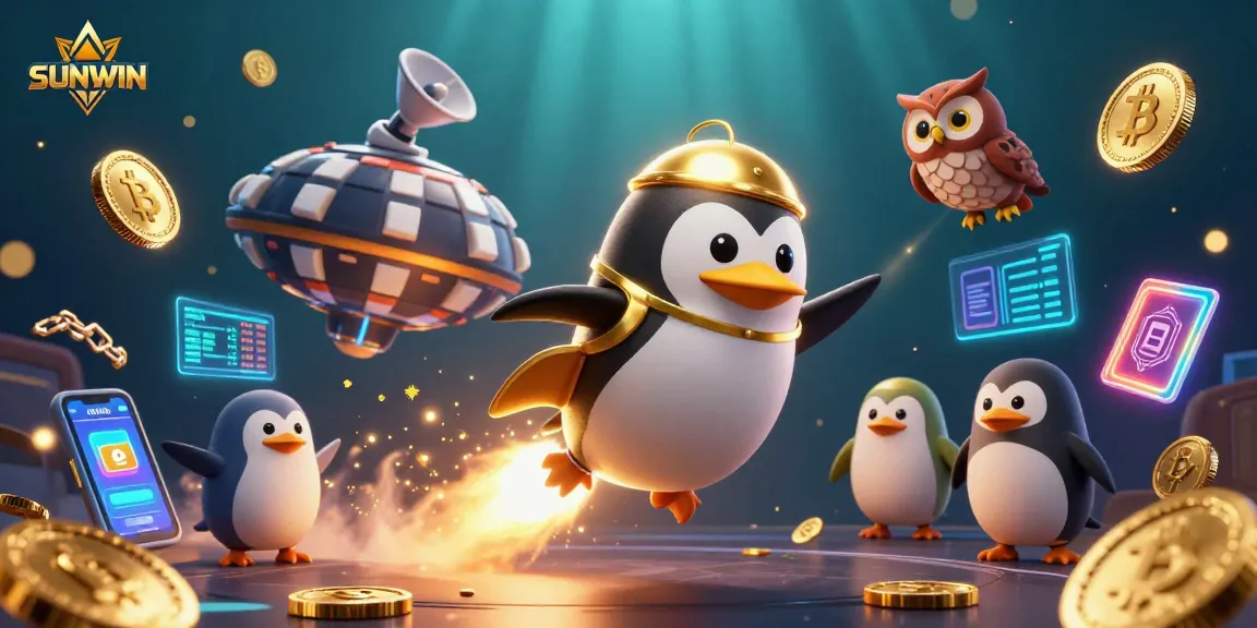 Engage with SUNWIN: A vibrant 3D scene of a golden penguin casino adventure in crypto space.