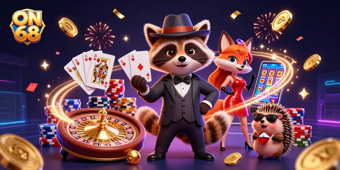 Experience thrilling wins at ON 68 with raccoon, fox, and hedgehog celebrating casino life.
