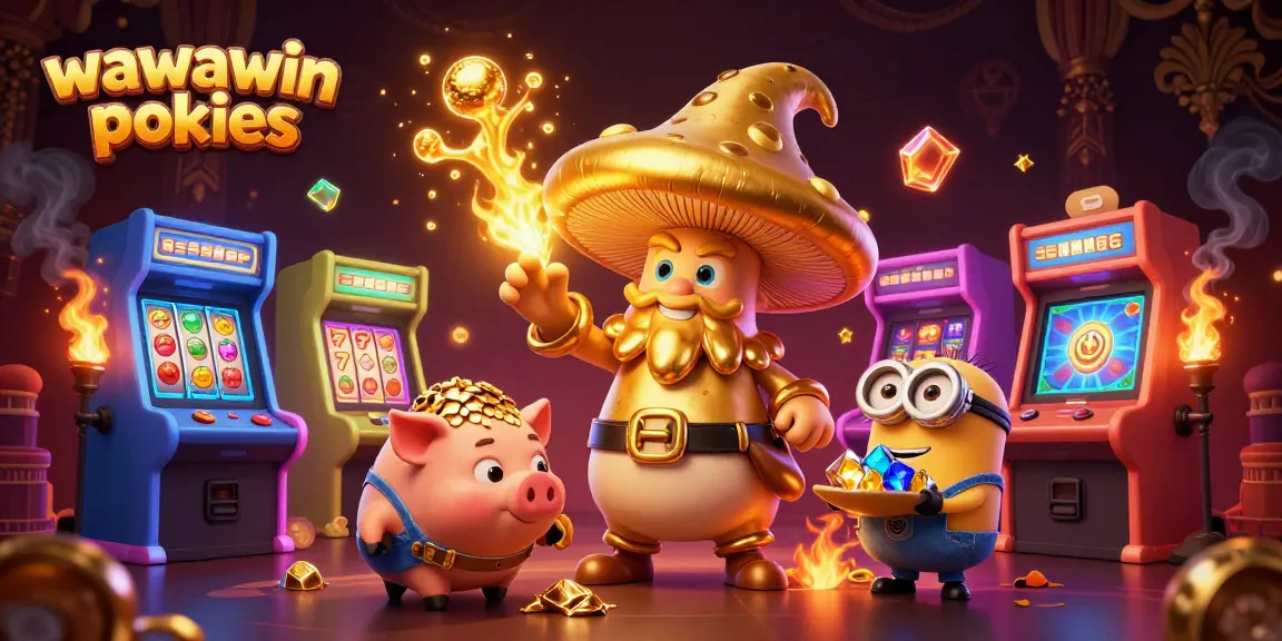Engage with wawawin pokies featuring a golden mushroom wizard surrounded by slot reels and gems.