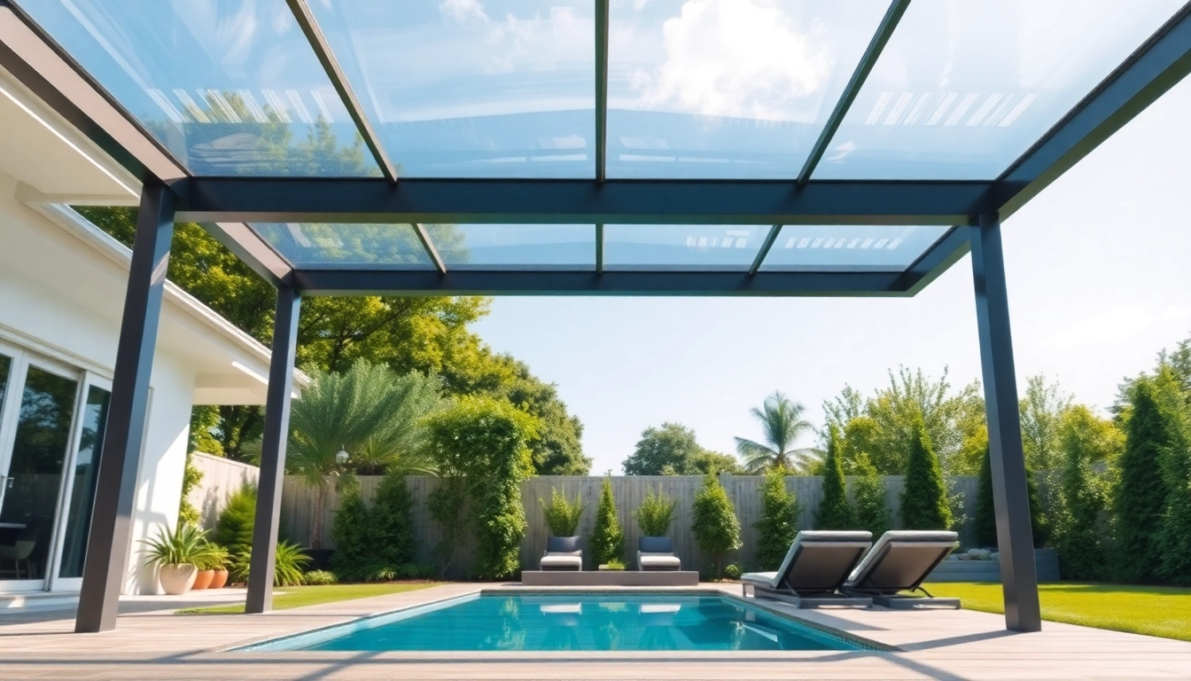 Showcasing a stylish and modern Pool Enclosure that blends with a lush outdoor space.