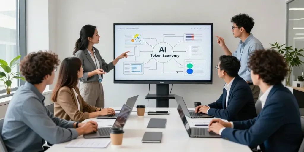 Team collaborating on the AI Token Economy in a modern workspace