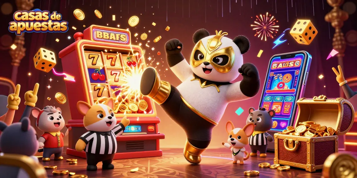Ilustración dinámica de casas de apuestas, con un panda luchador y un chihuahua árbitro en el centro del escenario.