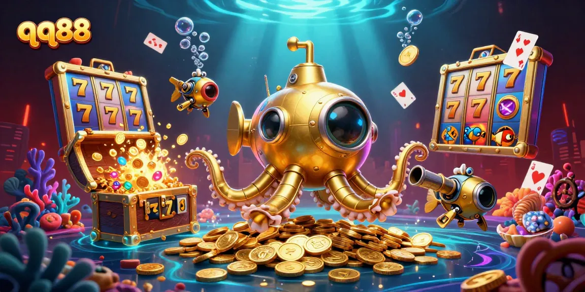 Experience epic wins with qq88 in a vibrant underwater casino scene packed with dynamic gaming elements.