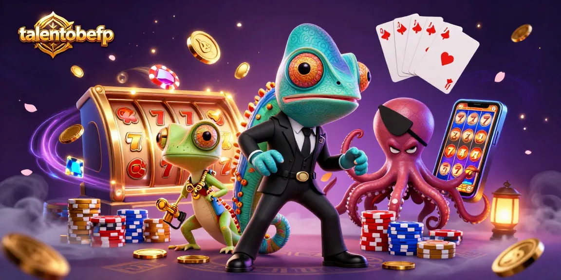Win big with talentobefp's vibrant casino scene featuring dynamic slot reels and colorful characters.
