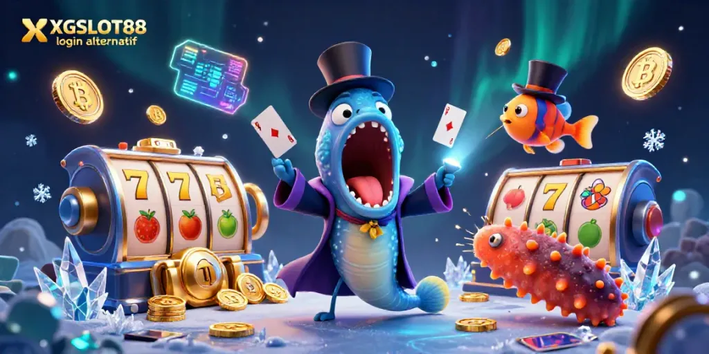 Visualisasi alternatif login XGSLOT88 dengan makhluk laut unik dalam aksi sulap permainan slot.